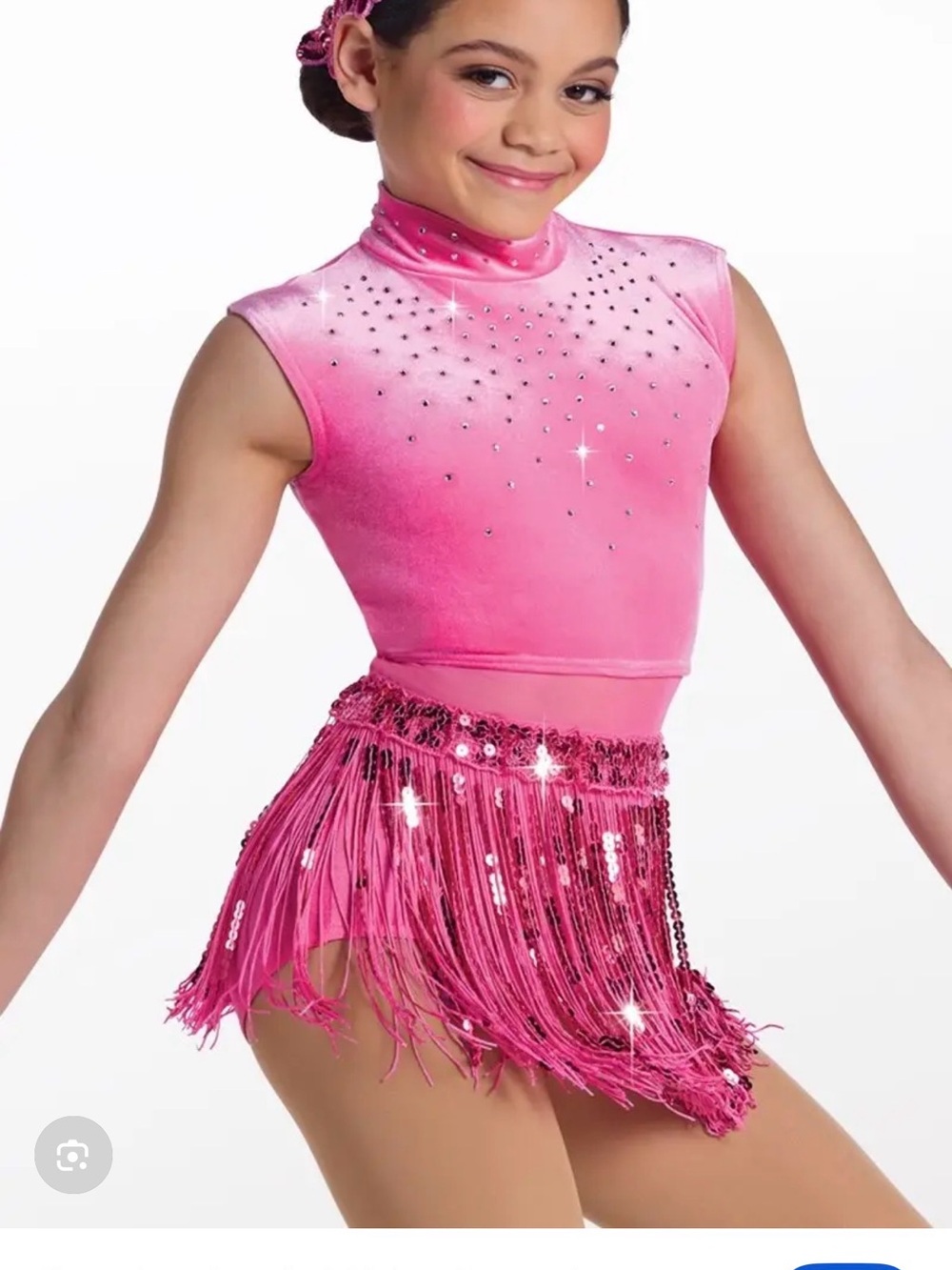 Weissman Hot Pink Sequin Fringe Dance Top and Skirt - Youth Large